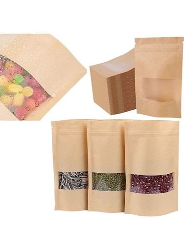 Kraft Paper Pouch, Reusable Grip Food Seal Bags, Kraft Zip Lock Stand Up Bags Pouches with Matte Window, Food Storage Pouches Packing Bag for Coffee Bean Tea Leaf and Snacks 50 Pack (8.6 * 5.5inch)