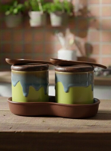 And Twine Green Ombre Ceramic Spice Jar with Tray Set of 2