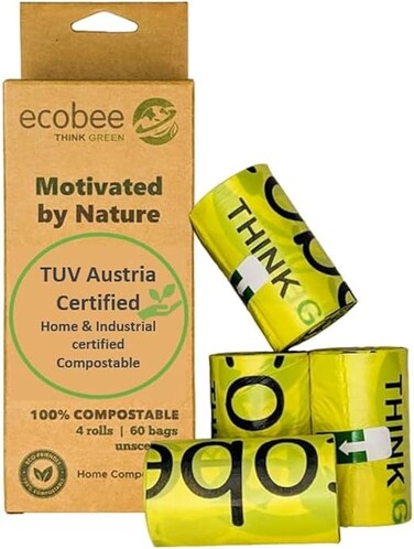 100% compostable &ndash; Dog &amp; Cat pet poop bags, Unscented, Certified Home &amp; Industrial compostable, 22cmx33cm, eco-friendly, leak proof &amp; Strong poo bags for Dogs, cat litter   1 Pack (60 Bags)