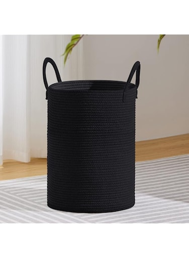 VIPOSCO Large Laundry Hamper, Tall Woven Rope Storage Basket for Blanket, Toys, Dirty Clothes in Living Room, Bathroom, Bedroom - 58L Black