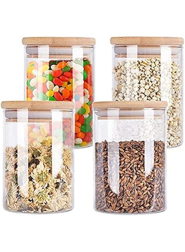 4 Pack Glass Storage Jars with Airtight Bamboo Lid, 120 ML Glass Food Storage Jar, Glass Kitchen Canisters, Clear Container for Coffee Bean Storage, Dry Goods, Cookie, Candy, Tea, Spices and More