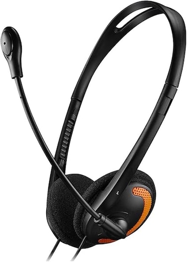CANYON HS-01 PC Headset with Adjustable Microphone, Volume Control, Soft Ear Cushions, Dual 3.5mm Jack, Black-Orange Design &ndash; Ideal for Work, Calls, and Gaming