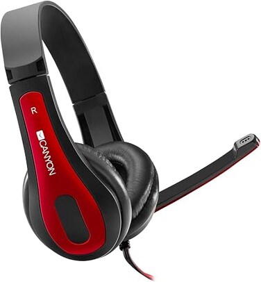 CANYON HSC-1 Simple PC Headset with 3.5mm Universal Plug, Inline Volume Control, Compatible with PC, Smartphones, Tablets, iPhone, iPad &ndash; Lightweight &amp; Comfortable, Black/Red