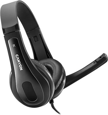 CANYON CHSU-1 Lightweight PC Headset with Microphone, USB-A Connection, Inline Volume Control, 40mm Drivers, Leather Ear Pads, 2m Cable &ndash; Compatible with Laptops &amp; PCs