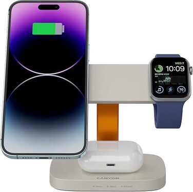 CANYON Hexagon WCS-310 3-in-1 Wireless Charging Station for iPhone, Apple Watch &amp; AirPods, 15W Fast Qi Charger, Magnetic Alignment, LED Indicator, 20W Adapter, LightGrey/Orange
