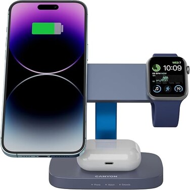 CANYON Hexagon WCS-310 3-in-1 Wireless Charging Station for iPhone, Apple Watch &amp; AirPods, 15W Fast Qi Charger, Magnetic Alignment, LED Indicator, 20W Adapter, Dark Grey/Blue