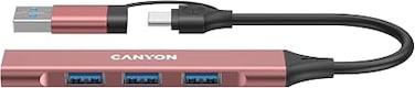 CANYON DS-02 4-in-1 USB-C HUB &ndash; Compact Aluminum Design with 3 USB 2.0 Ports &amp; 1 USB 3.0 (5Gbps)   Plug &amp; Play, Compatible with Windows, macOS, Android   Travel-Friendly, Pink