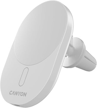 CANYON OnGrip 105 Qi2 Wireless Car Charger, 15W Magnetic Fast Charging, 360&deg; Air Vent Mount, MagSafe Compatible, USB-C Input, Secure Phone Holder for iPhone 12&ndash;16 Series, White