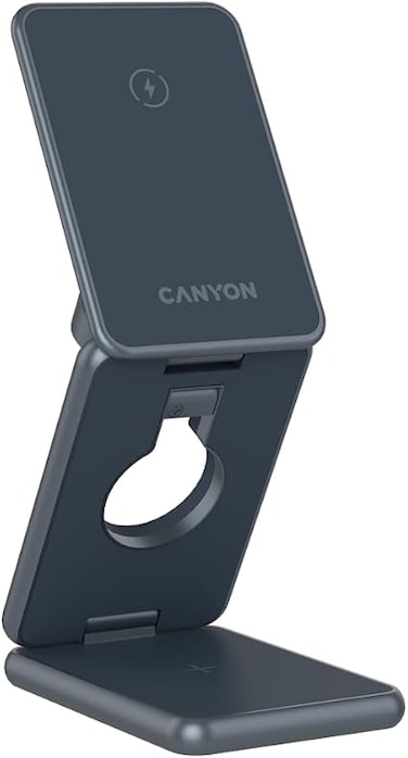 CANYON OnCharge 309 3-in-1 Foldable Wireless Charger, 15W Magnetic Fast Charging, Aluminum Stand, Qi Compatible, Phone/Earbuds/Watch Charging Dock, Compact Travel Design