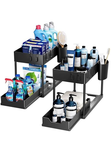 2 Tier Kitchen Sink Organizer with Hooks ,Sink Organizers and Kitchen Storage Sliding Drawer, , Under Bathroom Cabinet Organizer Sink Shelf Storage Rack for Laundry &ndash;Black