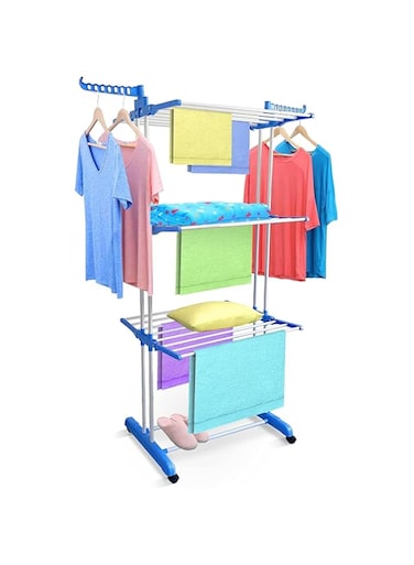 Sulfar 3 Layers Clothes Drying Rack Folding Clothes Rail Of Clothes Hanger, Adjustable Stainless Steel Hanger With Two Side Folding Wings For Indoor And Outdoor, Blue