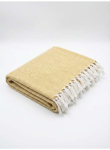 130 x 160 cm Cotton Herringbone Horizontal Throw Yellow Blanket - 400GSM Premium Decorative Tassel Woven Cover for Sofa Couch Bed and Travel Boho Decor