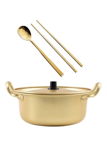 MAKINGTEC 1 Set Korean Cooking Ramen Pot, with 1pair Lid Spoon and Chopsticks, Double Handle Korean Ramen Noodle Pot Korean Stockpots (6inch/ 16cm)