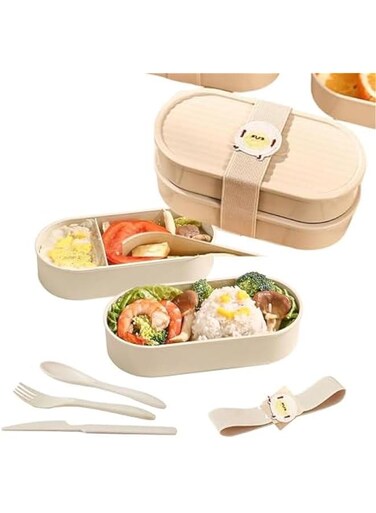 Bento Box Lunch Box Japanese Style 2 Layer Food Containers with Utensils Spoon Fork and Knife Bundle Divider Food Container (Egg style)