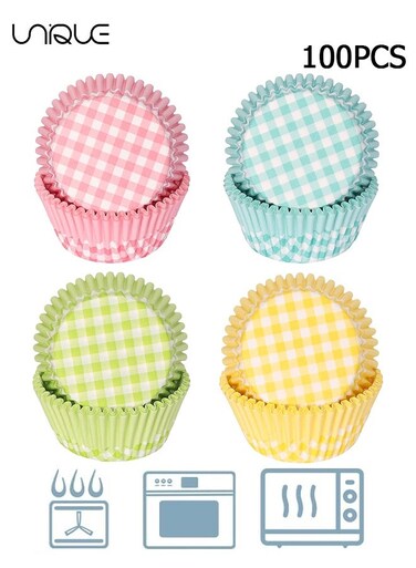 100Pcs Plaid Cupcake Liners - 4 Colors - Disposable Paper Cupcake Liners - Food Grade Baking Cups - Suitable for Baking, Desserts, Pastries, Weddings, Birthdays, Party Supplies - 7 x 5 x 3 cm