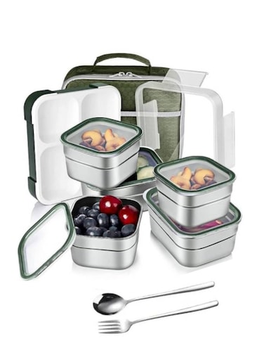 Adando 304 Stainless steel bento box Portable bento box with lids Three grids thermal insulation lunch box food lunch container set Leak proof lunch box Microwave oven heating For Adults/Students
