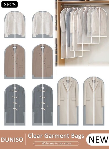 8 PCS Hanging Clear Garment Bags, Washable Clothes Bags with Smooth Zipper and Velcro for Home, Waterproof Garment Bags for Closet Storage, Wardrobe Clothes Protector, Breathable Dust Cover for Shirts, Coats, Dresses, Suits
