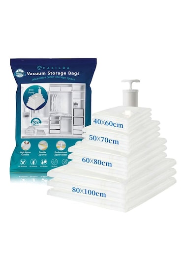 Casilda Premium Vacuum Storage Bags with Hand Pump for Home, Travel Storage Space Saver! Double-Zip Seal for 80% more Space &ndash; 2S+2M+2L+2J, Set of 8