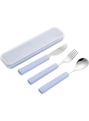 SYOSI Flatware Set Children Utensils Set 18/10 Stainless Steel Child Silverware Knife Spoon Fork Set with Travel Case for Kids Lunch Box 3-Piece (Blue)