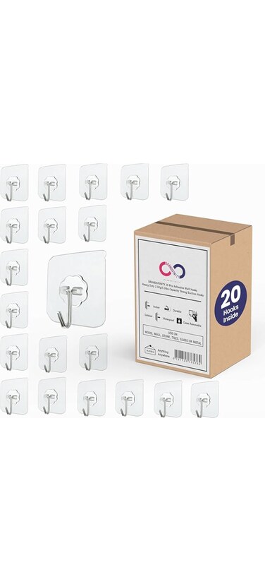 Brandsfinity Self Adhesive Clear Hooks &ndash; Pack of 20   Heavy-Duty Damage-Free Hanging   Strong Hold Up to 1kg   No Drill Wall Hooks