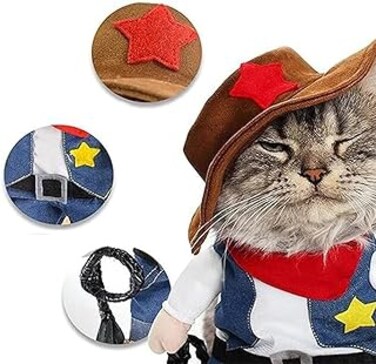 TOMVAES Pet Dog Cat Halloween Denim jacket Costumes, Cowboy Pet Costume with Jacket and Hat, West Cowboy Uniform Funny Apperal for Cat &amp; Dog Party Special Events Cosplay (Large)