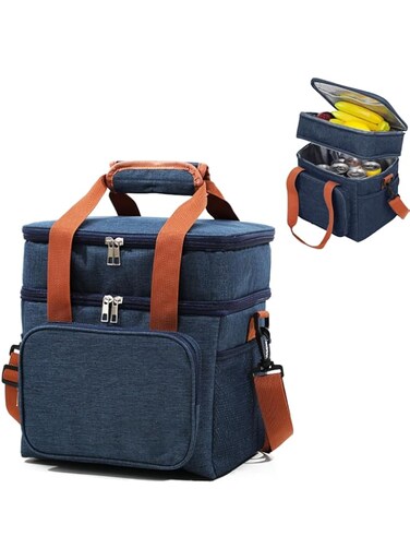 VAODO Lunch Bag, Double Deck Insulated Cooler Lunch Box, Waterproof and Leak-Proof, with Detachable Shoulder Strap, for Office and Picnic, Navy Blue