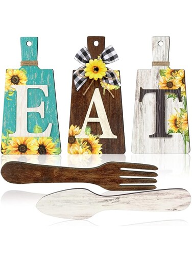 BPA Cutting Board Eat Sign Set Hanging Art Kitchen Eat Sign Fork and Spoon Wall Decor Rustic Primitive Country Farmhouse Kitchen Decor for Kitchen and Home Decoration (Blue, Brown, White)