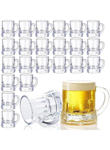 24PCS Mini Plastic Beer Mugs,2 oz Clear Plastic Beer Glasses,Shot Glasses with Handles,Reusable Beer Stein Tasting Juice Cups