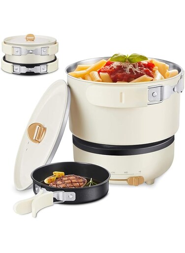 Angju Electric Hot Pot with Foldable Handles, Non-stick Frying Pan, 1.2L Mini Hot Pot, Multi-Functional Ramen Noodle Cooker for Pasta, Oatmeal, Soup, Steak with Power Adjustment, Warm White