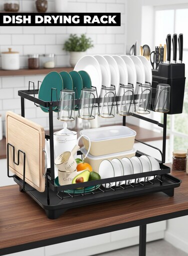 2 Tier Dish Drying Rack with Utensil Holder Cutting Board Holder &amp; Drainboard Tray Dish Drainer Rack for Kitchen Counter Scratch Resistant