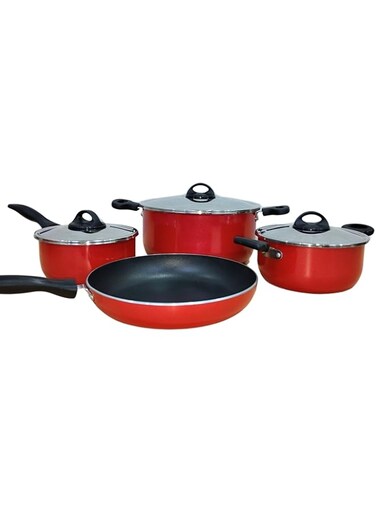 Premier 7Pcs Complete Cookware Set - Non Stick Stainless Steel - Heat Resistant Handles - Dishwasher Safe - Frypan 24cm with SS Lid, Stew Pot 18cm &amp; 24cm, Saucepan 16cm
