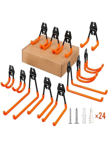 TAME Garage Hooks, Heavy Duty,Utility Steel Garage Storage Hooks,Wall Mount Garage Hanger&amp;Organizer for Organizing Power Tools,Ladders,Bulk Items,Bikes,Ropes and More Equipment (12Pcs Orange)