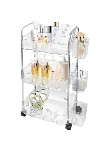 TAME 3-Tier Acrylic Rolling Utility Cart with Wheels Multi-Functional Storage Trolley Cart with Clear Trays Movable Storage Cart Organizer for Kitchen Bathroom Living Room Office (3 Tier)
