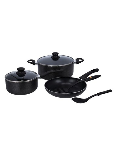 Royalford 7-Piece Aluminium Cookware Set, 2.5 mm Body Thickness, Marble Non-Stick Coating, Scratch-Resistant, CD Bottom, Bakelite Knobs, Tempered Glass Lids, Black, RF8948 Black