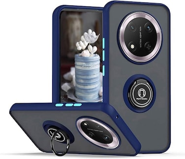 Honor X9C Case Flexible Silicone Protective Bumper, Camera Protection Thin Translucent Shockproof Matte Back Cover with 360 rotational Car Mount Magnetic Ring Holder For Honor X9C 5G 2024 (Blue)