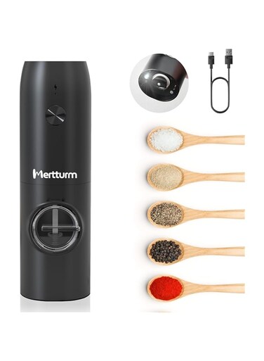 MERTTURM Rechargeable Electric Pepper Grinder, Automatic Pepper Salt Mill with LED White Light, One Hand Operation, Coarseness Adjustable, Refillable and Portable for Kitchen, Restaurant, Camping BBQ