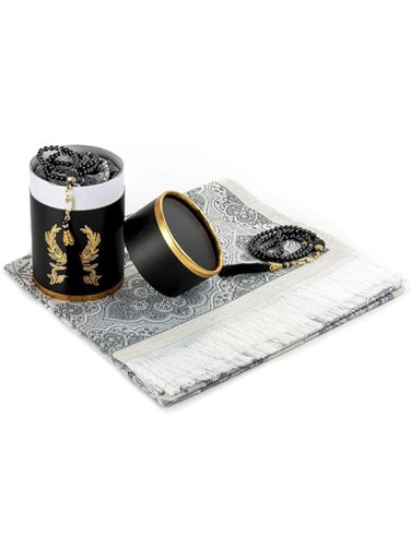 ihvan online Muslim Prayer Rug and Prayer Beads with Elegant Cylinder Gift Box   Janamaz   Sajadah   Soft Islamic Prayer Rug   Islamic Gifts Set   Prayer Carpet Mat, Taffeta Fabric, Black