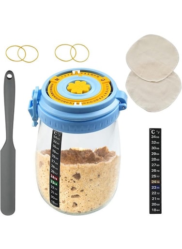 Sourdough Starter Kit, Reusable Sourdough Starter Jar, 35oz Large Capacity Sourdough Starter Jar with Date Marked Feeding Band, Thermometer, Silicone Scraper, Cloth Cover