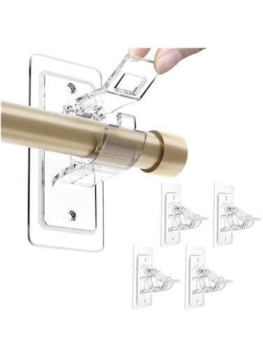 4 Pack Curtain Rod Brackets No Drilling, Self Adhesive PET Curtain Rod Holders, Damage-Free, Adjustable Nail-Free Curtain Rod Hooks for Living Room and Bathroom
