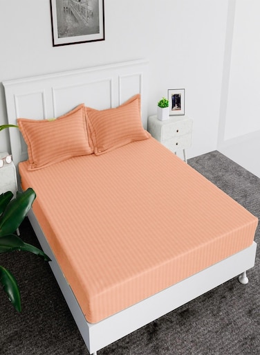 Fitted Elastic Bedsheet Set With Pillow Covers, King/Queen/Double/Single Sizes, Color Peach