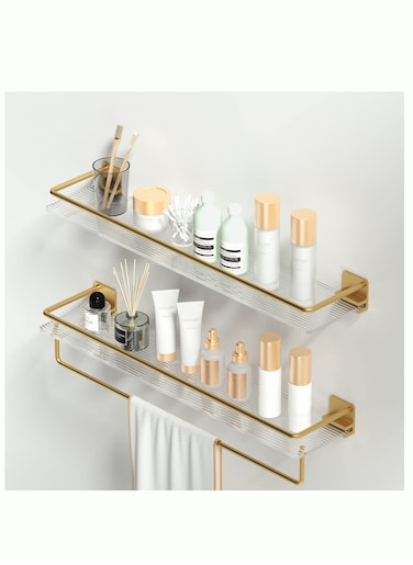 Acrylic Floating Shelves Wall Mounted Hanging Shelves with Golden Towel Rack Decorative Storage Shelves for Bathroom Kitchen Living Room &amp; Bedroom- Set of 2