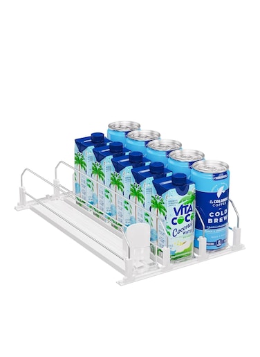 Soda Can Organizer for Fridge Refrigerator   3 Rows   Spring Loaded Self-Pushing Automatic Glide Adjustable Rack   Bottle Dispenser Storage   White