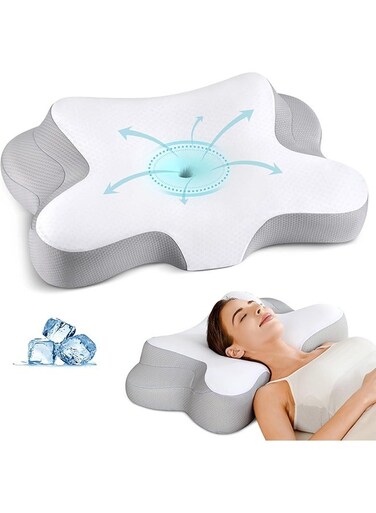 Cervical Neck Pillow - Ergonomic Neck Pillow for Pain Relief, Cooling Memory Foam Pillows for Sleeping, Neck Support Pillow for Side, Back &amp; Stomach Sleeper (White)