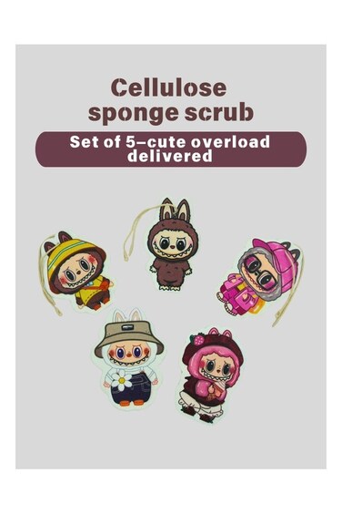 Cartoon Compressed Sponge 5 Pack (18x8x2cm) - Wood Pulp Scrubber Expands 10X, Grease-Proof &amp; Non-Scratch for Arab Kitchens