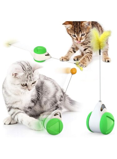 iCare Self Rotating Interactive Cat Toys for Kitten, Self-balance Feathers Ball Toys for Cat, Catnip Toys for Cat (White+Green)