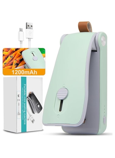 KASTWAVE Rechargeable Bag Sealer, 2 in 1 Mini Bag Sealer Heat Seal and Cutter, 1200mAh USB Convenient, Compact &amp; Portable, Heat Sealing Machine for Plastic Bags Snacks &amp; Food Storage, Green