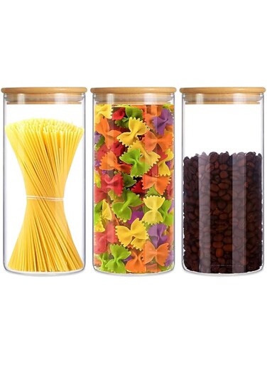 Ellenge Glass Storage Jars with Lids 1000ML Set of 3 - High Borosilicate Glass Airtight Kitchen Food Canisters Cylinder Clear Preserving Seal Containers with Bamboo Lid for Canning Cereal,Pasta