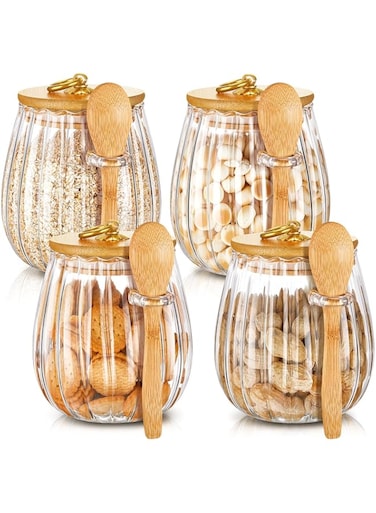 Azonee 4 Glass Seal Jar, , 20.29 Fl oz Oval Glass Stripe Pots with Lid, for Storage Oats Candy Tea Coffee Nuts with Spoon, High and Low Temperature Resistance Small Airtight Jars