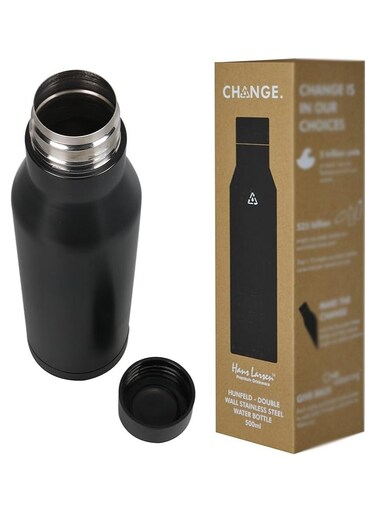 Larsen Hunfeld Double Walled Vacuum Insulated Water Bottle Black 8 Hours Hot and 24 Hours Cold Reusable Stainless Steel 500ML