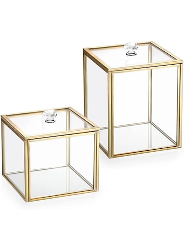 2PCS Glass Qtip Holder, Bathroom Storage Jar Cotton Ball Dispenser Makeup Sponge Holder Gold Bathroom Container Glass Storage Jar for Cotton Balls Makeup Sponges Bath Salts Candles